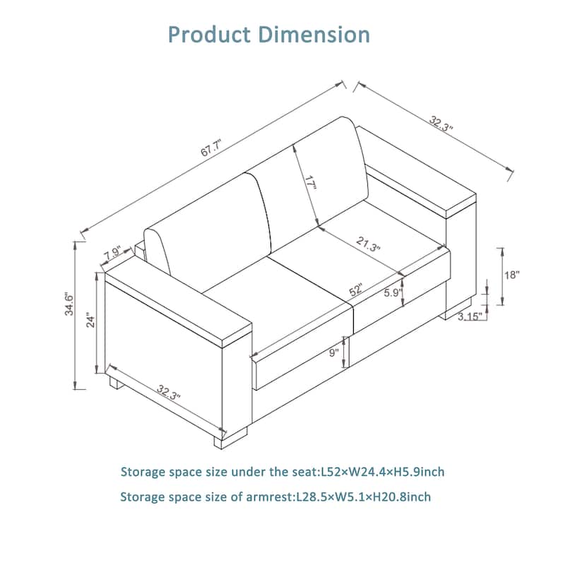 67.7" Modern Style Loveseat Fabric Couch,Square Arm Sofa With Cup Holder,Storage Sofa,Upholstered Polyester
