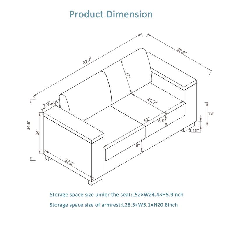 Multi-Functional Leather Sofa Loveseat with with Storage & Cup Holder, 2 Seat Sofa Couch with Upholstered Armrests