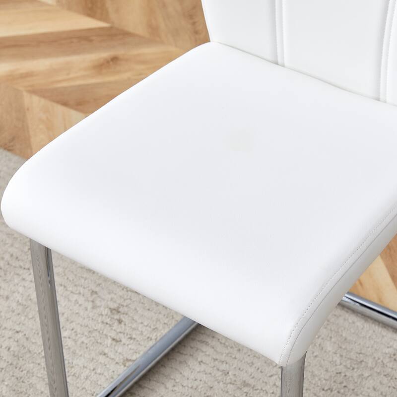 Minimalist Dining Table and Chairs Set for 6, 7-Piece Dining Table Set with White PU Chairs for Dining Room