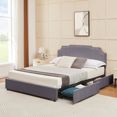 VECELO Upholstered Storage Bed Frame with Headboard & 4 Storage Drawers