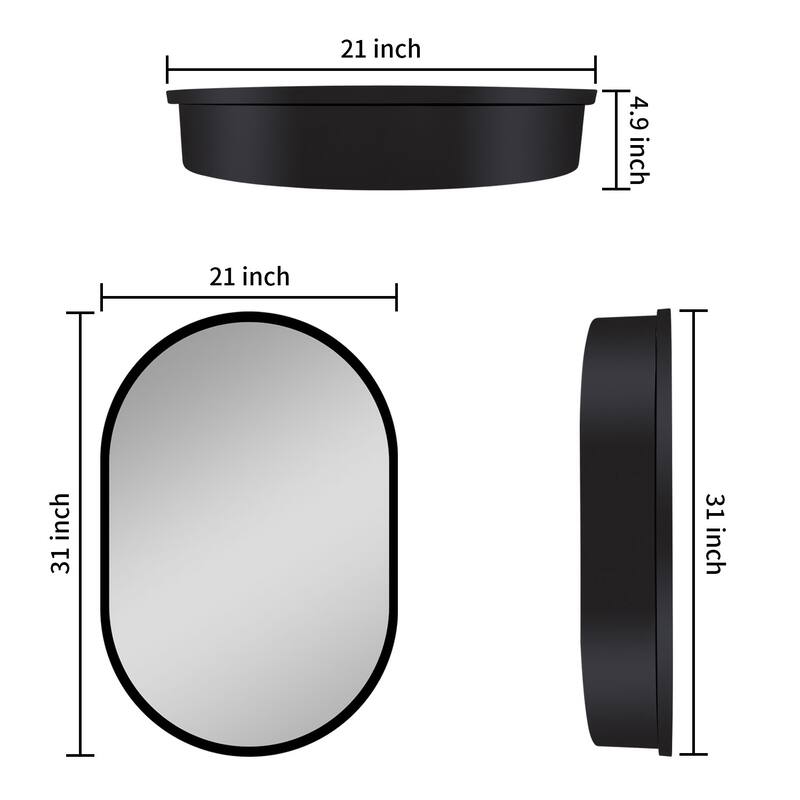 31X21 Inch Oval Black Metal Framed Wall Mount Bathroom Medicine Cabinet With Mirror