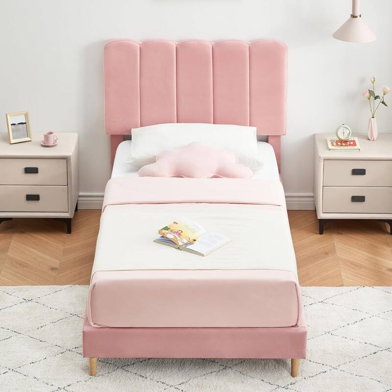 Twin Upholstered Platform Bed Frame with Wave Headboard, Wood Slats, No Box Spring Needed, for Kids or Teens