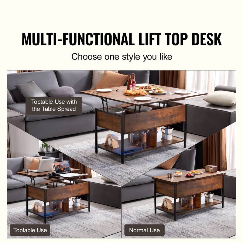 4-in-1 Coffee Table with Lift Top, Storage USB and LED for Living Room - 39.37 x 19.69 x 21.73 in