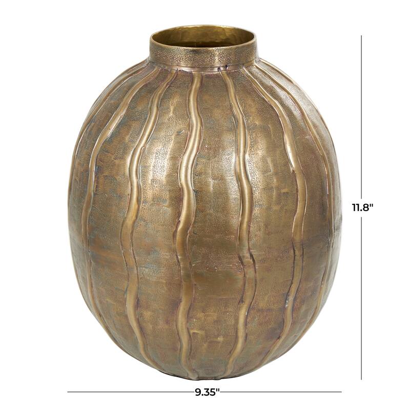 Brass Metal Snakeskin Inspired Decorative Vase with Dimensional Wavy Accents