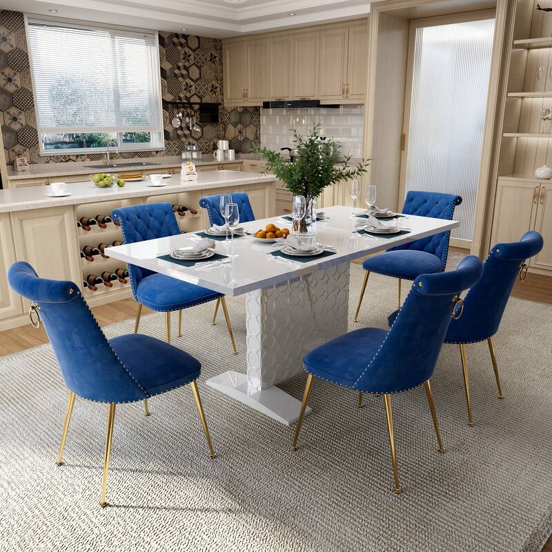 7-Piece Clihome High-gloss Extendable Table Velvet Chair Dining Set - Navy