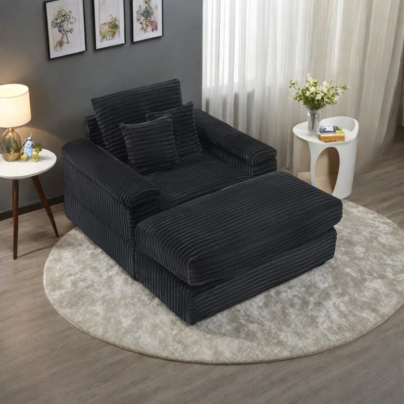 Corduroy Single Sofa Sets with 2 Throw Pillows and 500lb Weight Capacity - Black