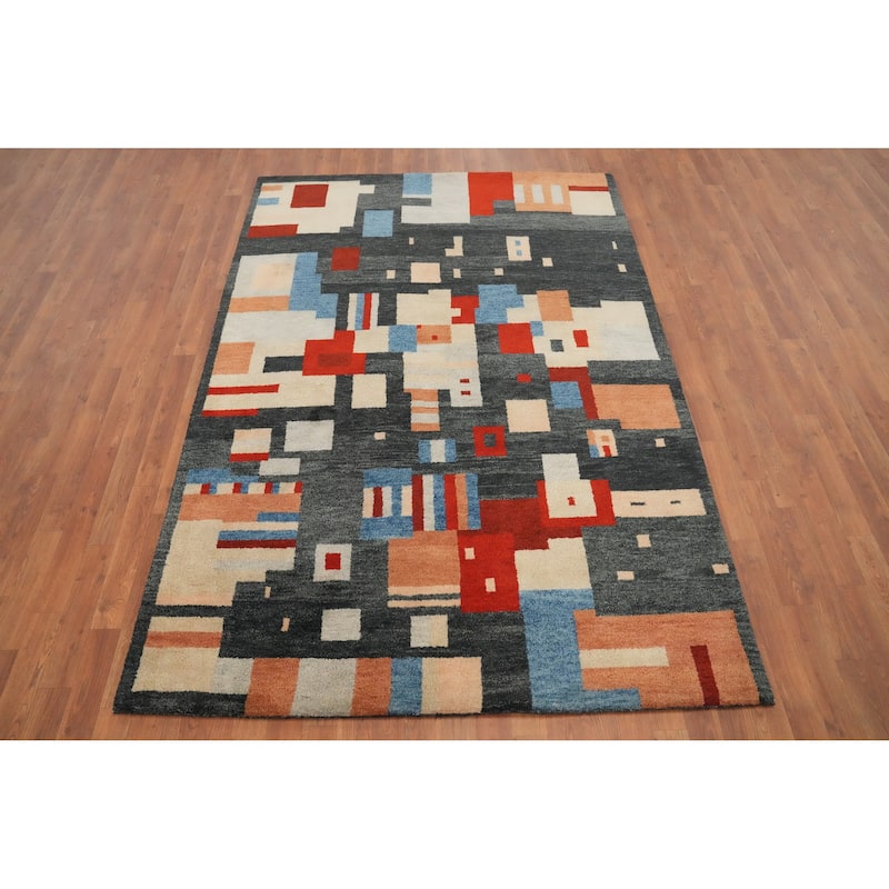 Hand Knotted Oriental 100% Wool Carpet Modern Geometric Greys & Charcoal Gabbeh Area Rug - 7' 8'' X 5' 4''