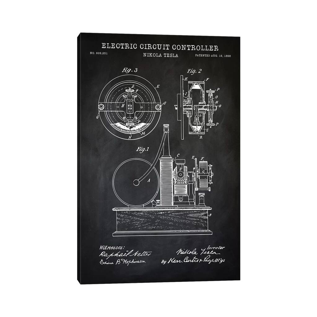 iCanvas "Tesla Electric Circuit Controller, Black" by PatentPrintStore Canvas Print