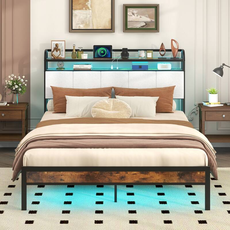 Bed Frame with LED Lights Charging Ports and Storage Headboard