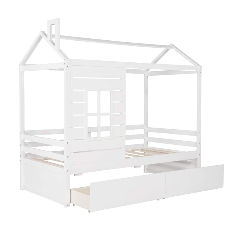 Twin House Bed for Kids with Drawers, Pine Wood Frame, Playhouse-Inspired Design, Storage Space, Easy Assembly