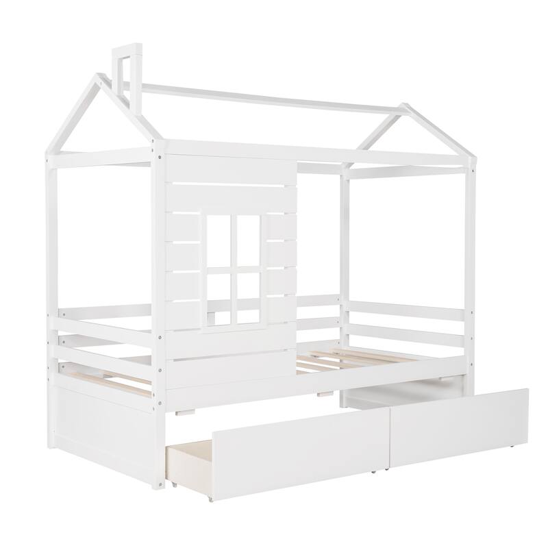 Twin Size Wood House Bed with Two Drawers, White