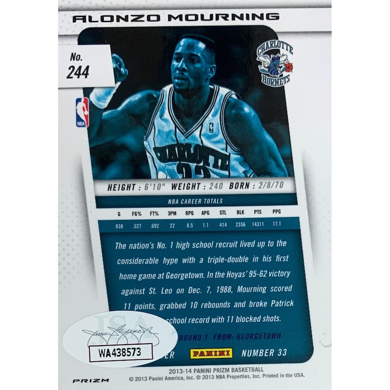Alonzo Mourning Autographed 2013 Panini Green Prizm Signed Basketball Card #244 Auto JSA COA - 8'6" x 11'6"