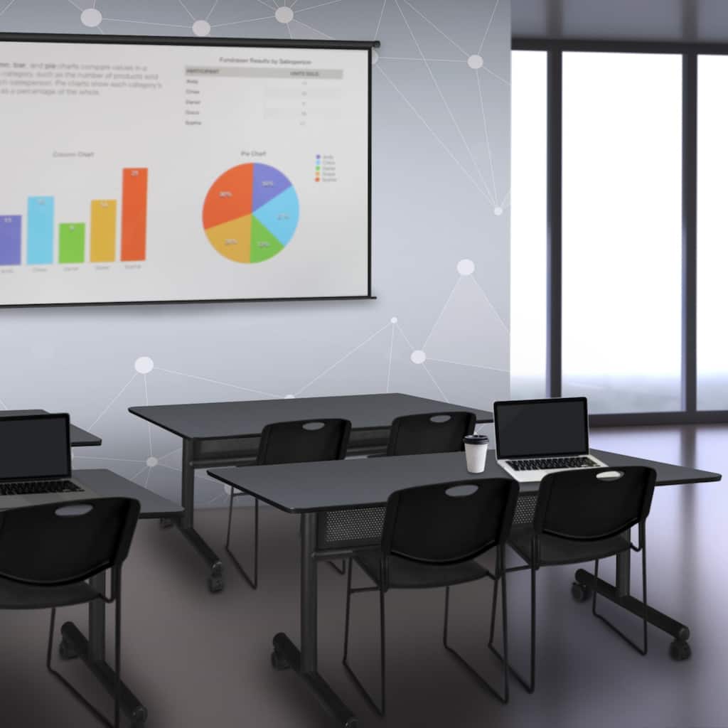 60" x 24" Flip Top Mobile Training Table with Modesty Panel- Grey and 2 Stack Chairs- Black