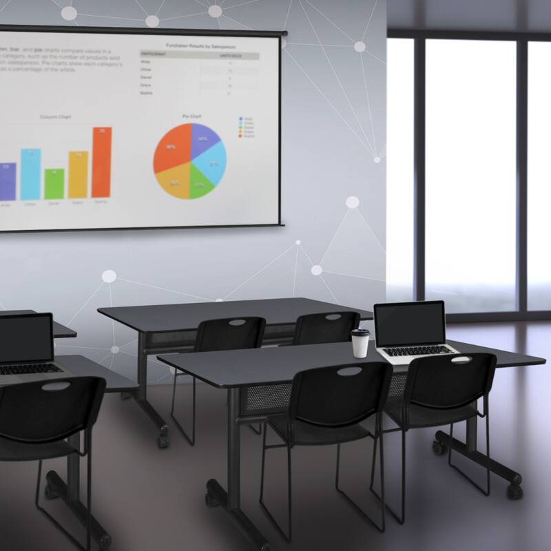 60" x 30" Flip Top Mobile Training Table with Modesty Panel- Grey and 2 Stack Chairs- Black