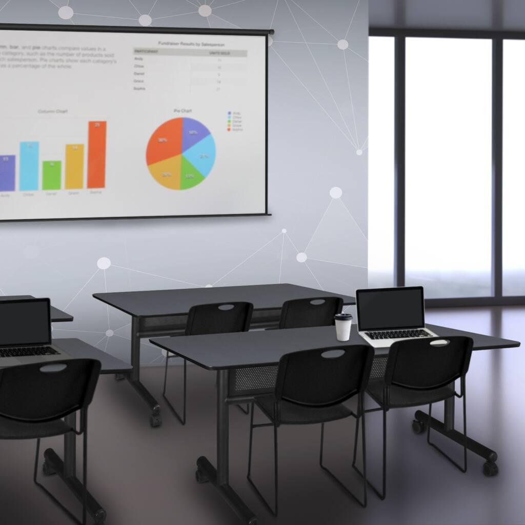 72" x 30" Flip Top Mobile Training Table with Modesty Panel- Grey and 2 Stack Chairs- Black