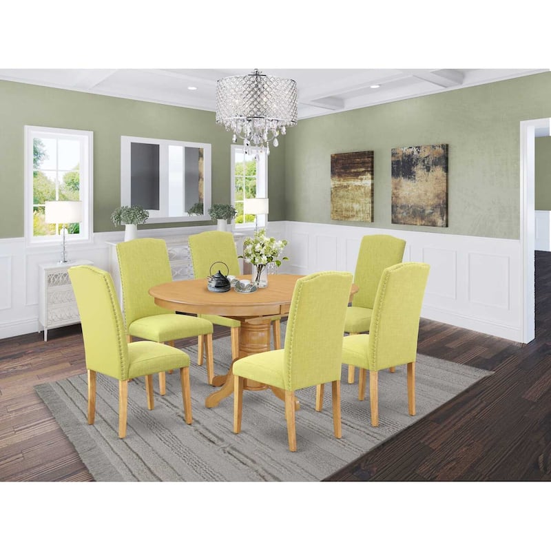 Dinette Set 7Pc Oval Table w/ Leaf & 6 Chairs - Linen Fabric & Oak Legs - Kitchen Dining Room Set