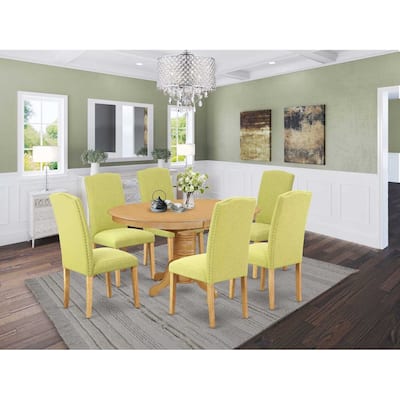 Dinette Set 7Pc Oval Table w/ Leaf & 6 Chairs - Linen Fabric & Oak Legs - Kitchen Dining Room Set