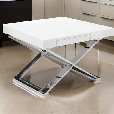 Rix 21 Inch Side End Table, 1 Drawer, X Shape Steel Legs, White Wood Top
