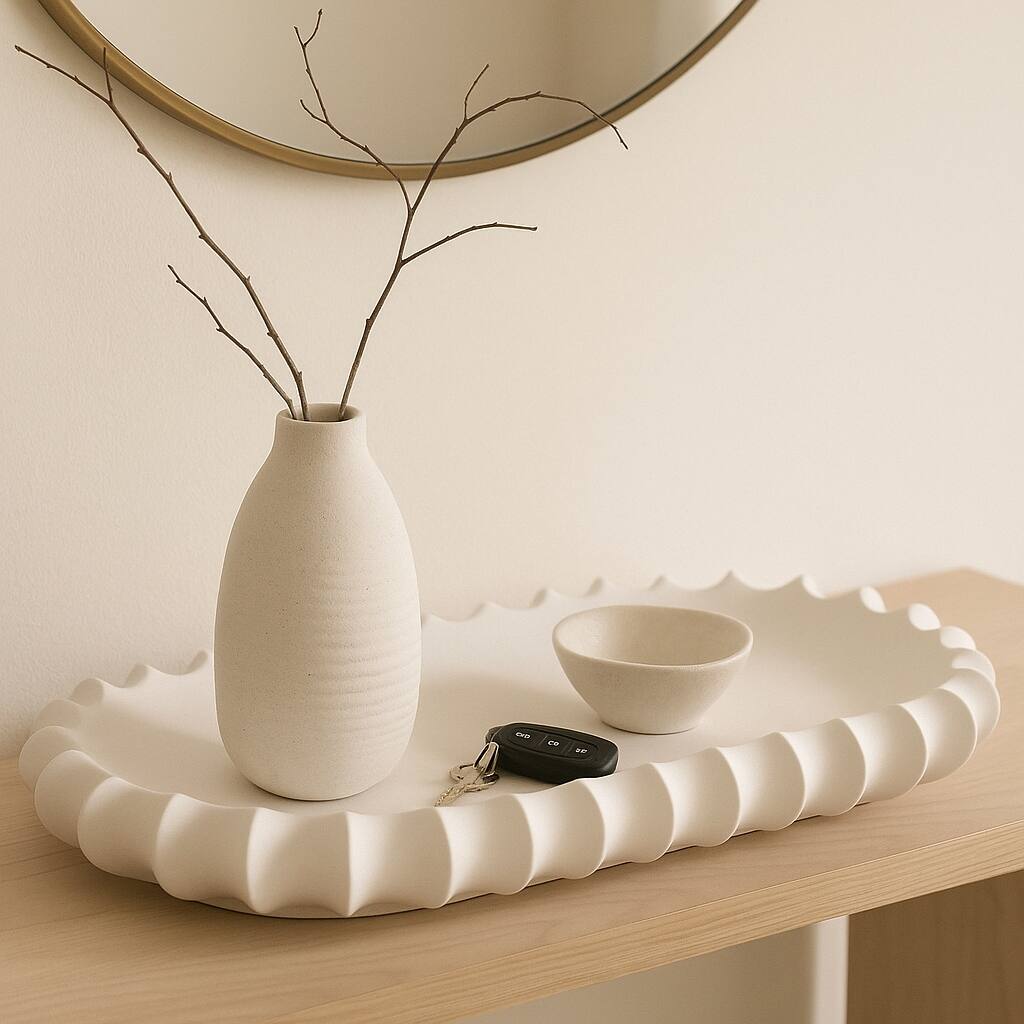 Ceramic Decorative Tray Sculpted Edge Design Modern Decor - 3" Ivory - 18.75"