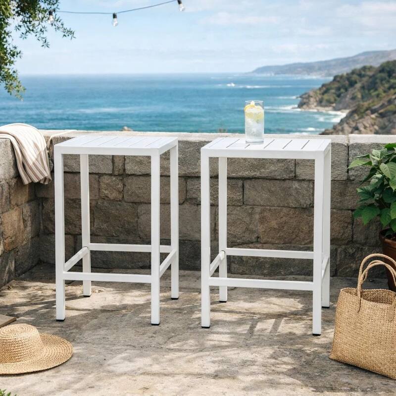 Kylo 43 Inch Outdoor Bar Table, Crisp White Aluminum Metal Frame, Small