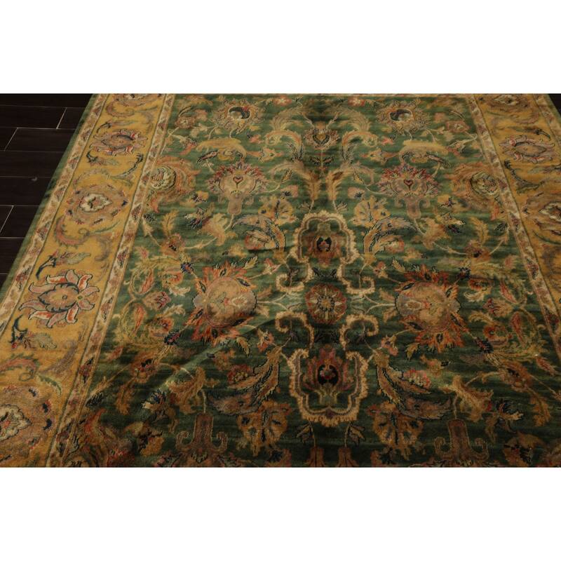 6'3''x9'3'' Hand Knotted Wool Green Plush Pile Traditional Botanical Agra Gold Wash Silky Sheen Rug - 6' 3'' x 9' 3''