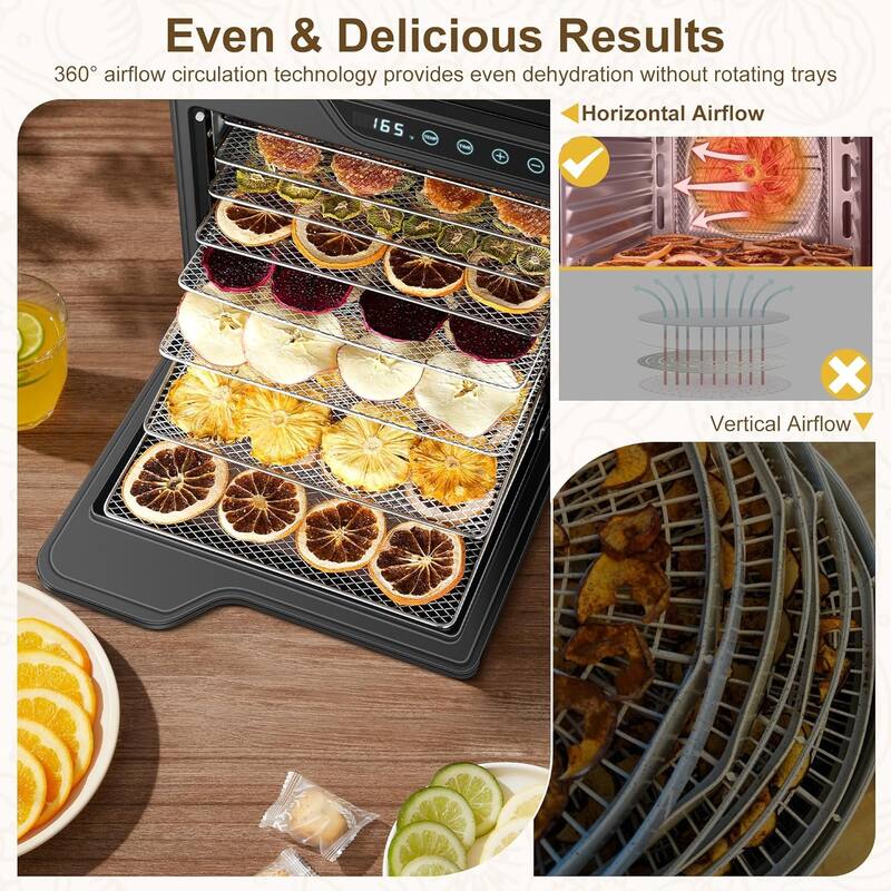 Food Dehydrator 8-Tray Stainless Steel Jerky Dehydrator 625W Food Dryer with Adjustable Timer Temperature 165°F dehydrators