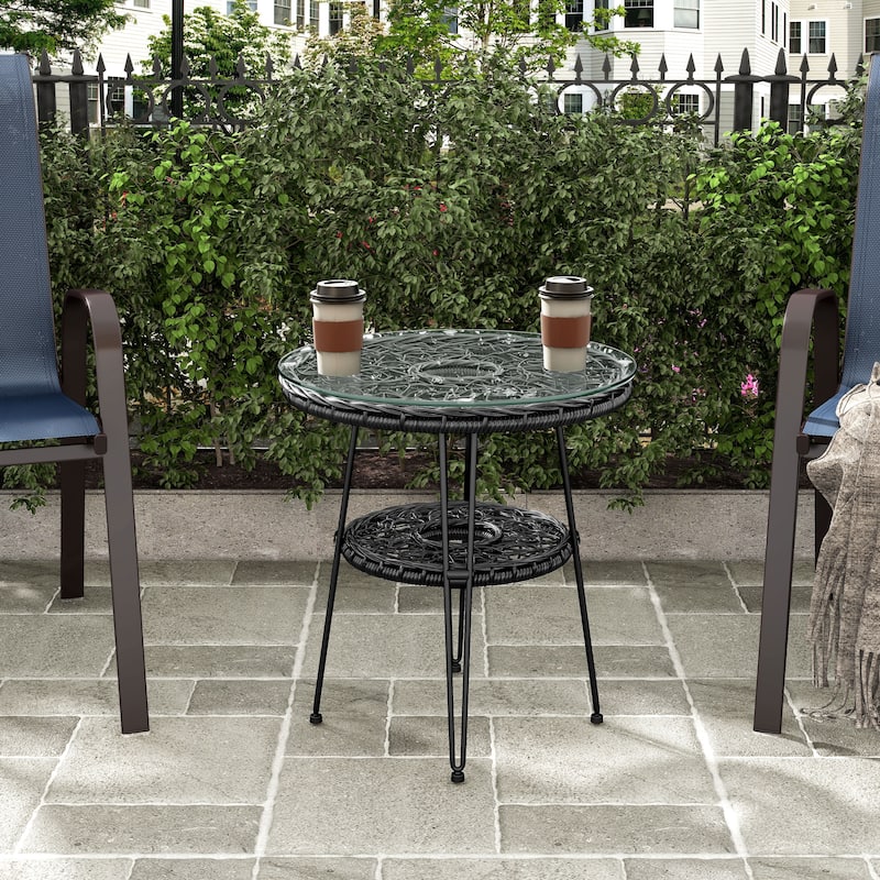 Dana Boho 19-inch Outdoor Patio Wicker Round Coffee Table with Tempered Glass Top and Metal Legs by M&L Co.