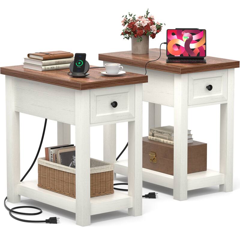Farmhouse End Table with Wood Drawers and Charging Station, Sofa Side Table, Nightstand - White - Set of 2