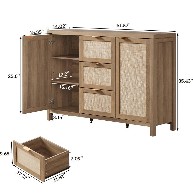 Natural Style Rattan Door Storage Cabinet with 3 Drawers
