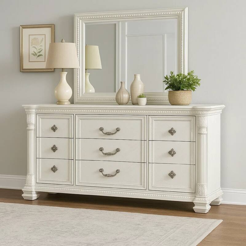 Naddy Wide Dresser, White Pine Wood, 9 Drawers w Metal Handles