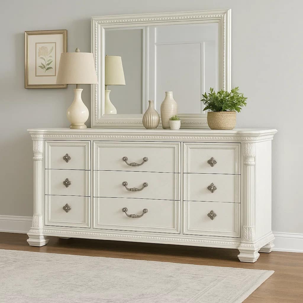 Naddy Wide Dresser, White Pine Wood, 9 Drawers w Metal Handles
