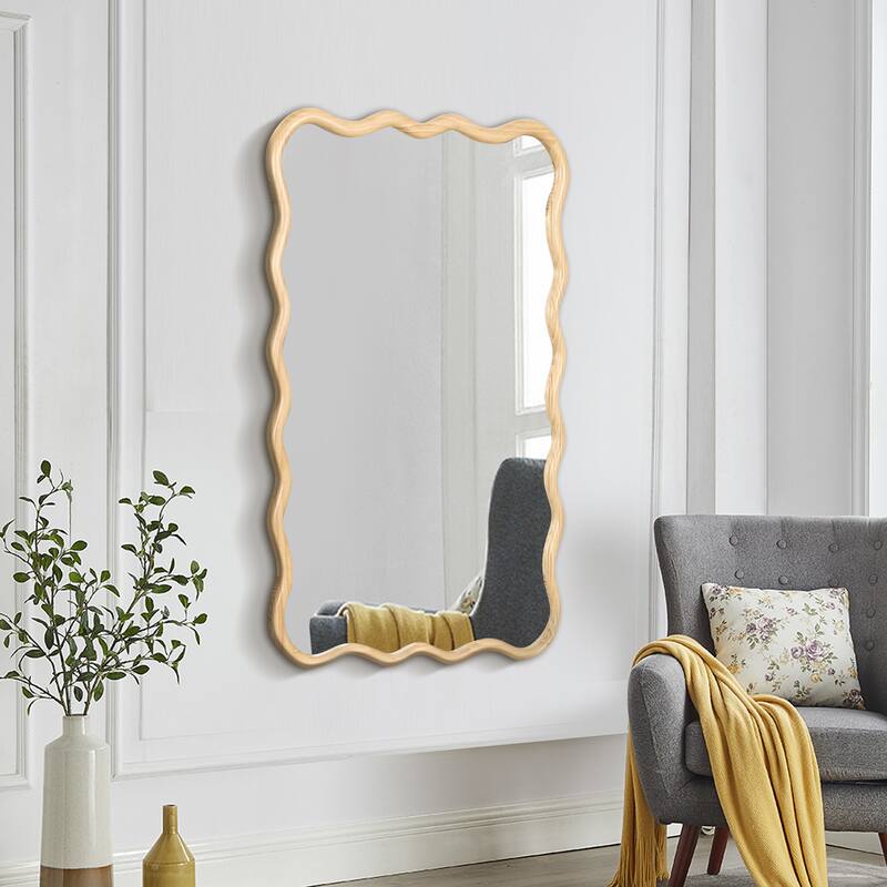Roomfitters 40" x 28" Solid Wood Wavy Rectangle Mirror, Modern Wall Decor for Bathroom & Entryway, Natural Woo