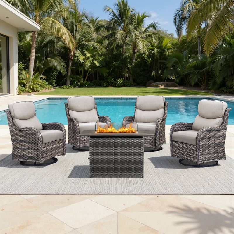 Meyreso 5-Piece Outdoor Patio Wicker Fire Pit 4 person Conversation Set with 5-Inch Thick Cushions