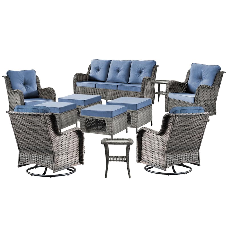 11 Piece Rattan Wicker Outdoor Patio Furniture with Swivel Chairs Set