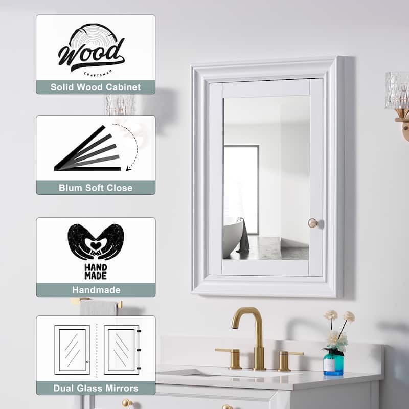 32''H Recessed Mount Solid Wood Framed Medicine Cabinet With Mirror and Shelves