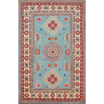 Light Blue Kazak Foyer Rug Geometric Hand-Knotted Wool Carpet - 2'8"x 4'2"