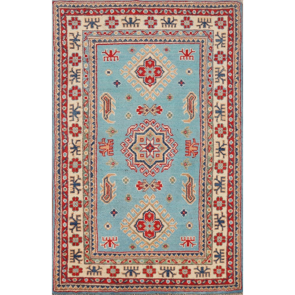 Light Blue Kazak Foyer Rug Geometric Hand-Knotted Wool Carpet - 2'8"x 4'2"