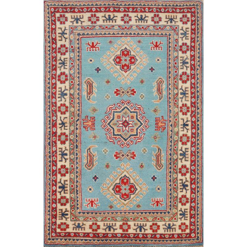 Light Blue Kazak Foyer Rug Geometric Hand-Knotted Wool Carpet - 2'8"x 4'2"
