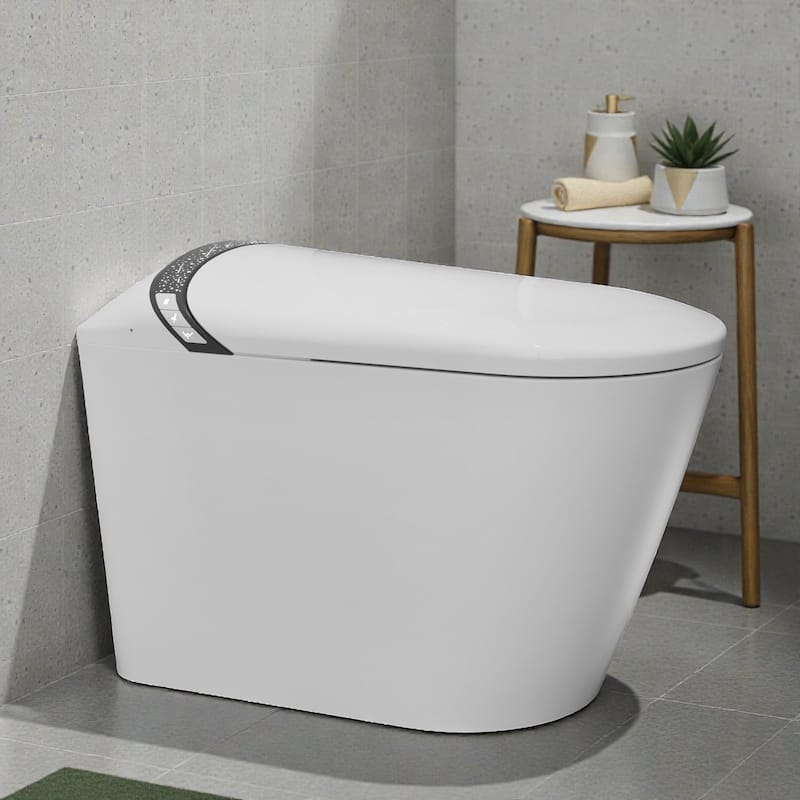 Elongated Smart Toilet with Built In Bidet. Tankless Design. Auto Open Close Seat. Foot Sensor. Warm Water Dryer