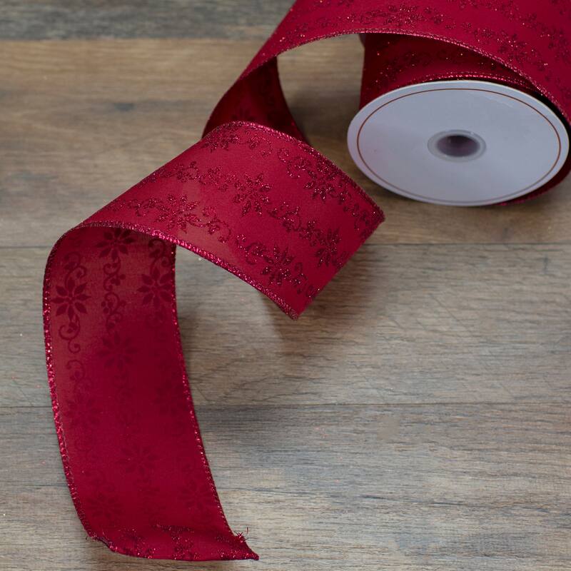 Red Glittered Poinsettia Christmas Wired Craft Ribbon 2.5" x 10 Yards - 2.5" x 10 Yards
