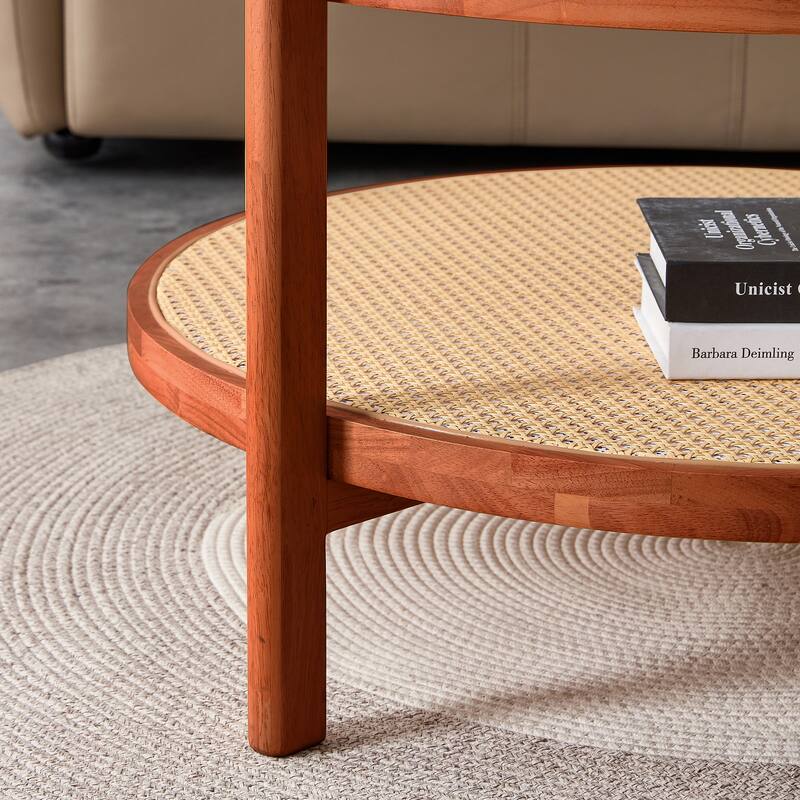 Circular Double-Layer Coffee Table, Glass Coffee Table with Open Rattan Storage Shelf Solid Wood Frame Tea Table