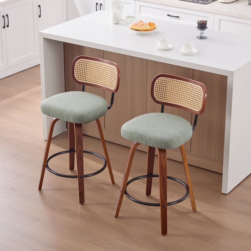 Linen Upholstered Swivel Bar Stools Set of 2, Counter Height Bar Stools with Rattan Back, Kitchen Island Chairs with Footrest