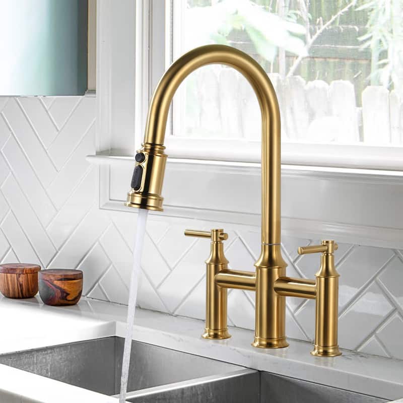 WOWOW Double Handle Pull Down Sprayer Bridge Kitchen Faucet