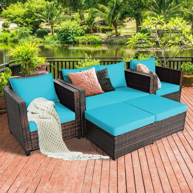 5 Pieces Patio Cushioned Rattan Furniture Set - 50" x 30.5" x 29" (L x W x H)