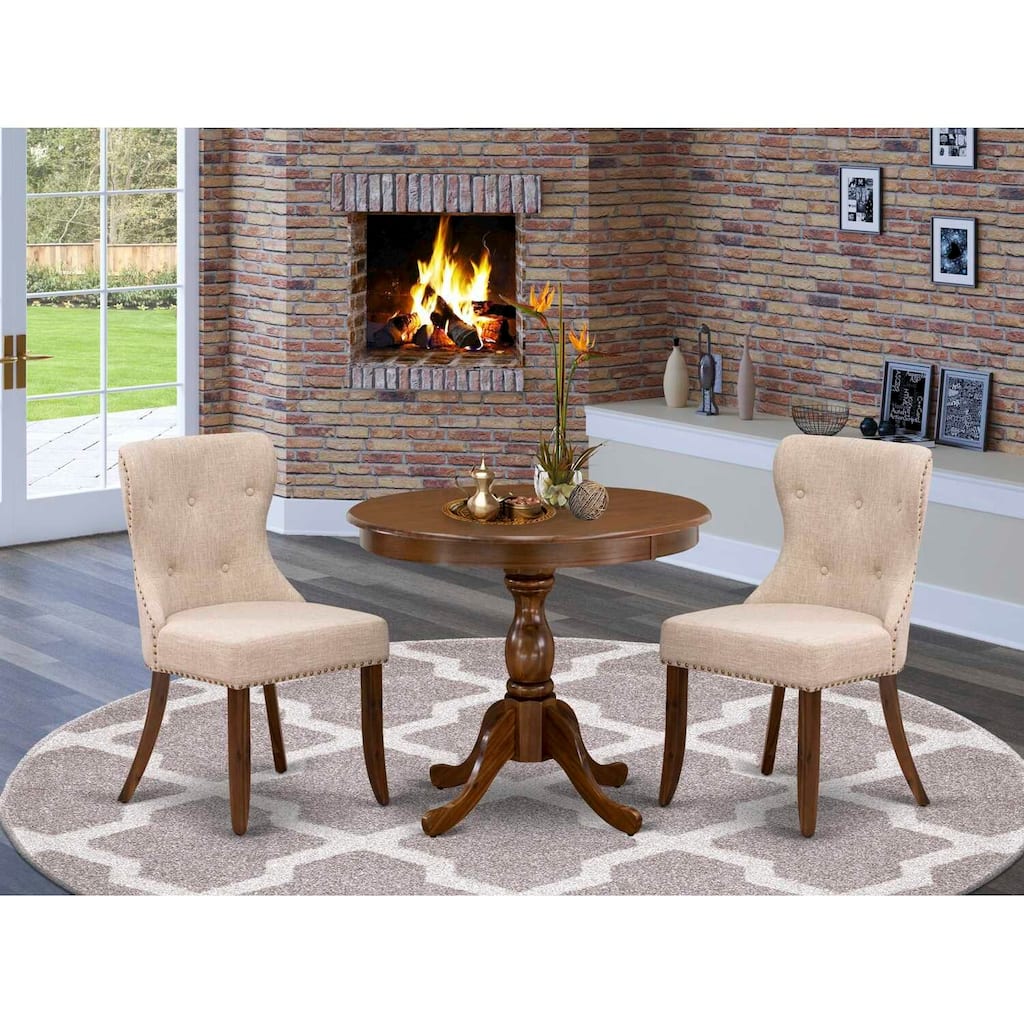 3-Piece Acacia Walnut Finish Solid Wood Top - Button Tufted Dining Room Set - Seats 4