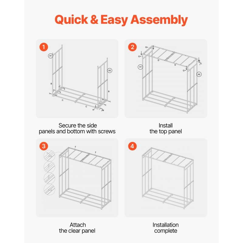 4 Feet Galvanized Steel Firewood Rack with Clear Panel and Adjustable Feet Weatherproof Outdoor Use - 56.30 × 2.76 × 56.30 in