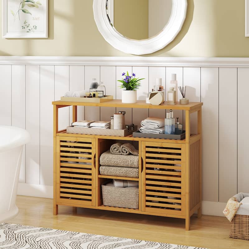 39.5" Natural Wicker Storage Cabinet with Open and Closed Shelves and Doors for Towels and Toiletries - 39.5" x 14" x 31.5"