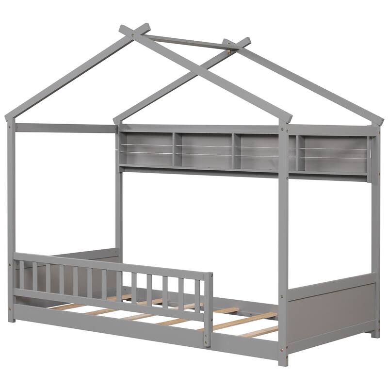 Gymax Twin Size House Bed w/Storage Shelf Headboard & Guardrail Wooden