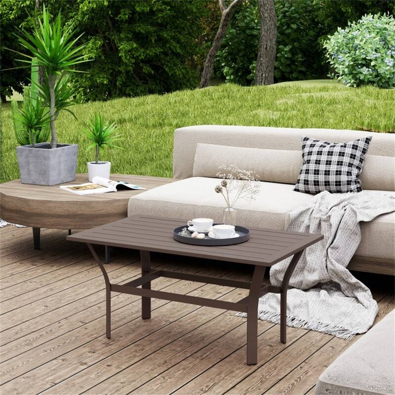 Brown Metal Outdoor Coffee Table with Slatted Top and Powder-Coated Frame - 36" L x 21.7" W x 17.7" H