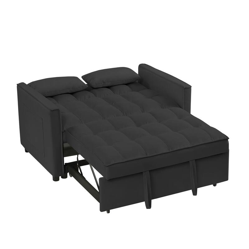 Velvet Loveseat Convertible Pull-out Sleeper Sofa Bed, Tufted Futon Sofa with Adjustable Backrest and 2 Pillows, Pockets